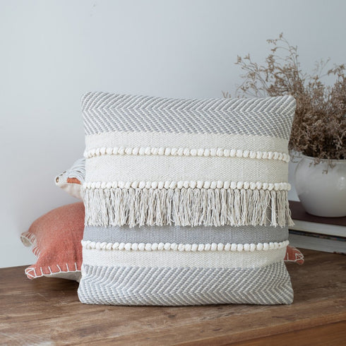 20" Ivory And Gray Striped Cotton Throw Pillow Cover with Fringe And Texture