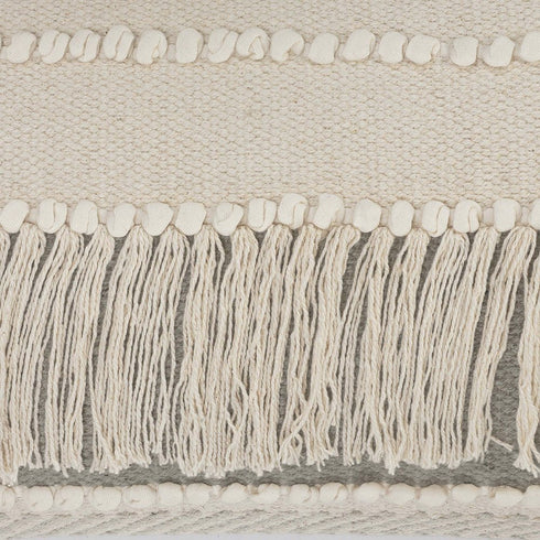 20" Ivory And Gray Striped Cotton Throw Pillow Cover with Fringe And Texture
