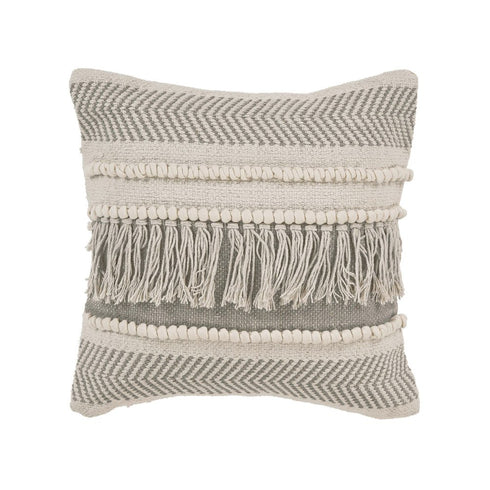 20" Ivory And Gray Striped Cotton Throw Pillow Cover with Fringe And Texture