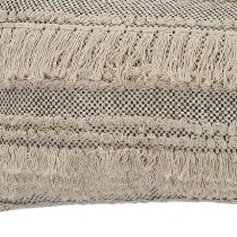 14" X 36" Beige And Black Lumbar Striped Cotton Throw Pillow Cover with Fringe And Texture