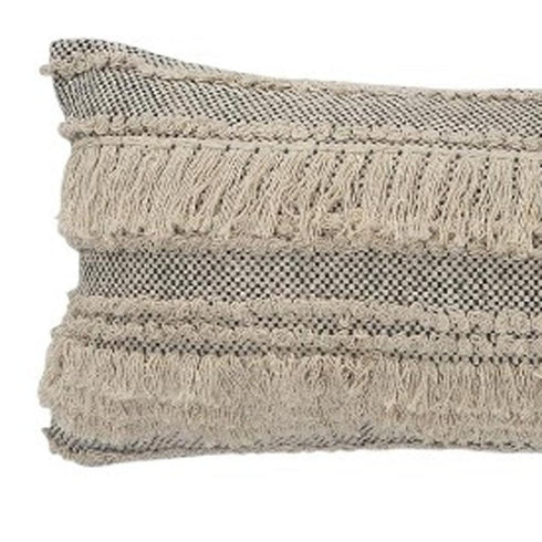 14" X 36" Beige And Black Lumbar Striped Cotton Throw Pillow Cover with Fringe And Texture