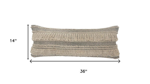 14" X 36" Beige And Black Lumbar Striped Cotton Throw Pillow Cover with Fringe And Texture