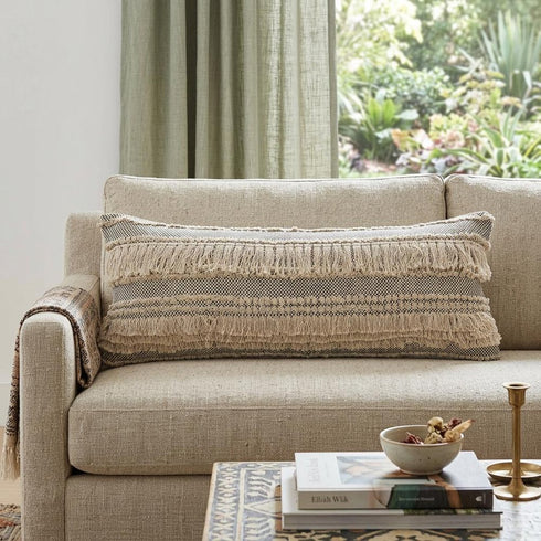 14" X 36" Beige And Black Lumbar Striped Cotton Throw Pillow Cover with Fringe And Texture