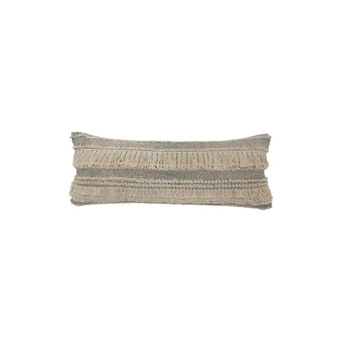 14" X 36" Beige And Black Lumbar Striped Cotton Throw Pillow Cover with Fringe And Texture