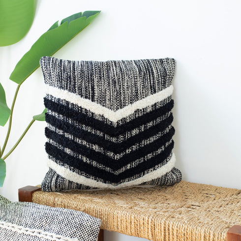 18" Black And Ivory Chevron Cotton Throw Pillow Cover with Tufts