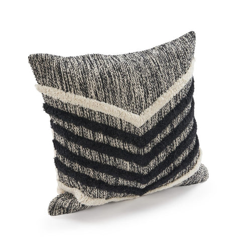 18" Black And Ivory Chevron Cotton Throw Pillow Cover with Tufts