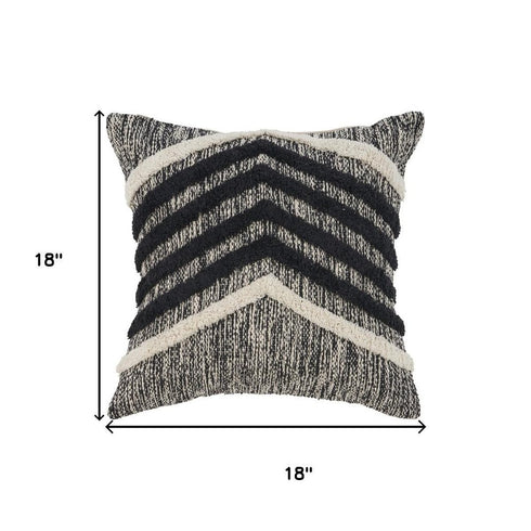 18" Black And Ivory Chevron Cotton Throw Pillow Cover with Tufts