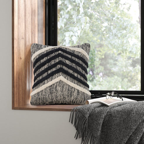 18" Black And Ivory Chevron Cotton Throw Pillow Cover with Tufts