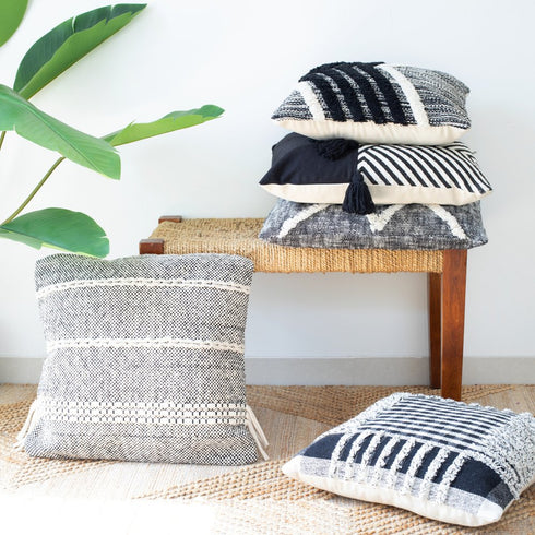 18" Black And Ivory Chevron Cotton Throw Pillow Cover with Tufts