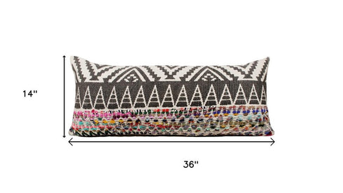 14" X 36" Charcoal Off White And Pink Lumbar Chevron Cotton Blend Throw Pillow Cover