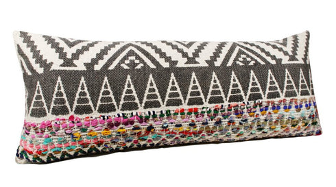 14" X 36" Charcoal Off White And Pink Lumbar Chevron Cotton Blend Throw Pillow Cover