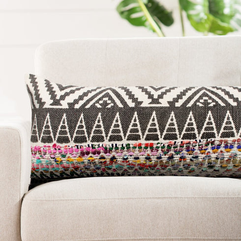 14" X 36" Charcoal Off White And Pink Lumbar Chevron Cotton Blend Throw Pillow Cover