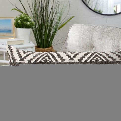 14" X 36" Charcoal Off White And Pink Lumbar Chevron Cotton Blend Throw Pillow Cover