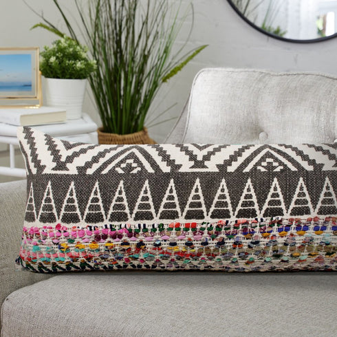 14" X 36" Charcoal Off White And Pink Lumbar Chevron Cotton Blend Throw Pillow Cover