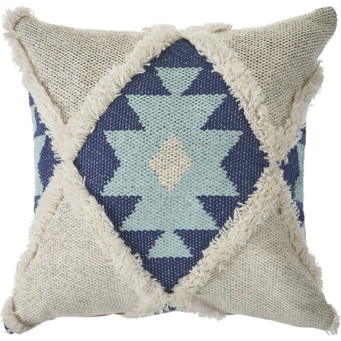20" Blue And White Geometric Cotton Blend Throw Pillow Cover with Tufts And Texture