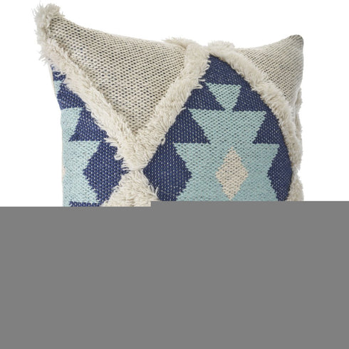20" Blue And White Geometric Cotton Blend Throw Pillow Cover with Tufts And Texture