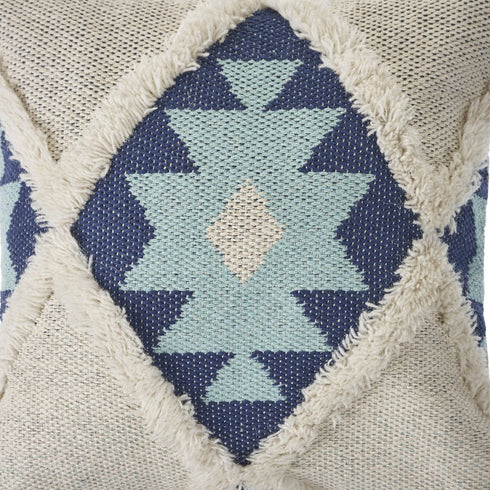 20" Blue And White Geometric Cotton Blend Throw Pillow Cover with Tufts And Texture
