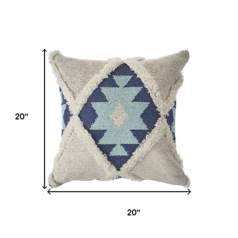 20" Blue And White Geometric Cotton Blend Throw Pillow Cover with Tufts And Texture