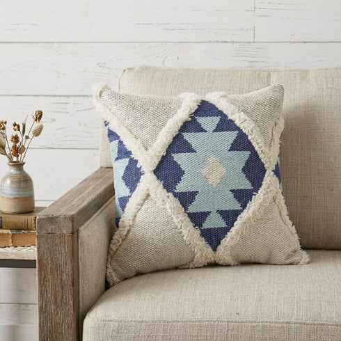 20" Blue And White Geometric Cotton Blend Throw Pillow Cover with Tufts And Texture