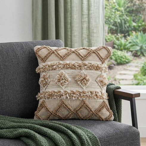 20" Beige And White Diamond Throw Pillow Cover with Tufts And Texture