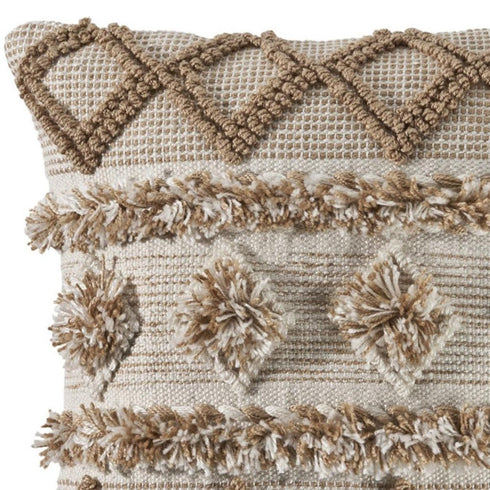 20" Beige And White Diamond Throw Pillow Cover with Tufts And Texture