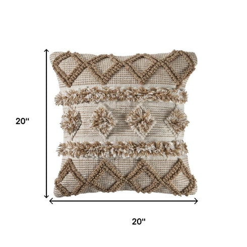 20" Beige And White Diamond Throw Pillow Cover with Tufts And Texture