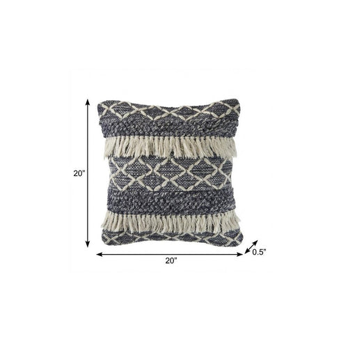20" Slate Blue And Off White Geometric Wool Throw Pillow Cover with Tassels
