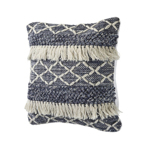 20" Slate Blue And Off White Geometric Wool Throw Pillow Cover with Tassels