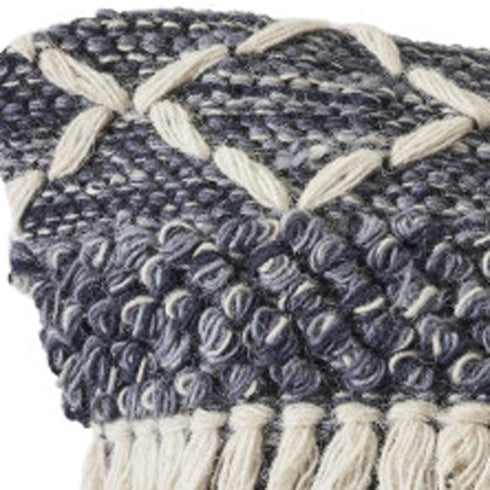20" Slate Blue And Off White Geometric Wool Throw Pillow Cover with Tassels