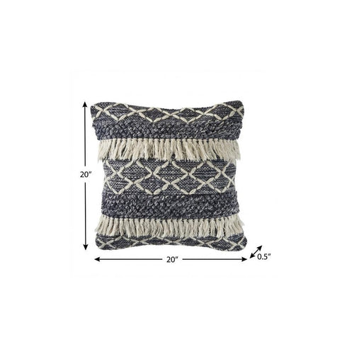 20" Slate Blue And Off White Geometric Wool Throw Pillow Cover with Tassels