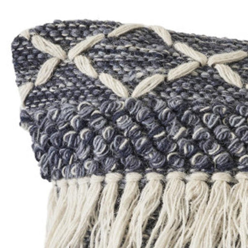 20" Slate Blue And Off White Geometric Wool Throw Pillow Cover with Tassels