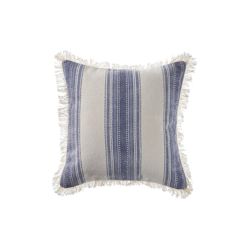 18" Blue And White Beach Striped Cotton Throw Pillow Cover with Fringe