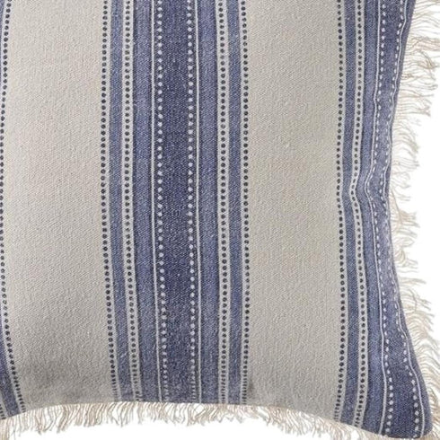 18" Blue And White Beach Striped Cotton Throw Pillow Cover with Fringe