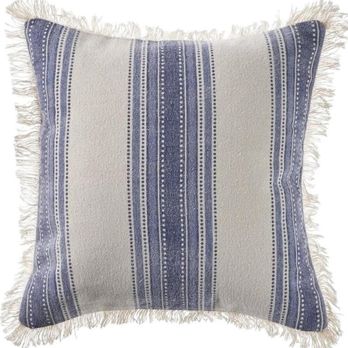 18" Blue And White Beach Striped Cotton Throw Pillow Cover with Fringe