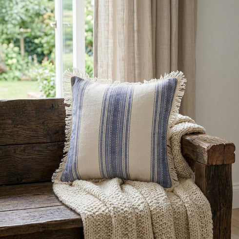 18" Blue And White Beach Striped Cotton Throw Pillow Cover with Fringe