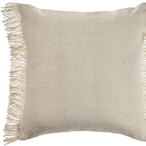 20" Beige And Ivory Cotton Throw Pillow Cover with Fringe