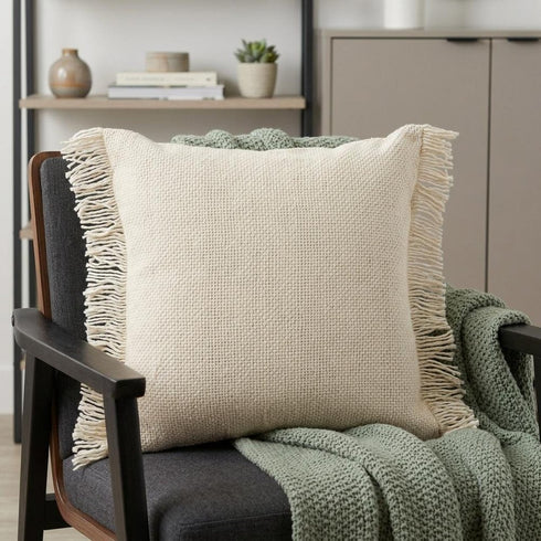 20" Beige And Ivory Cotton Throw Pillow Cover with Fringe