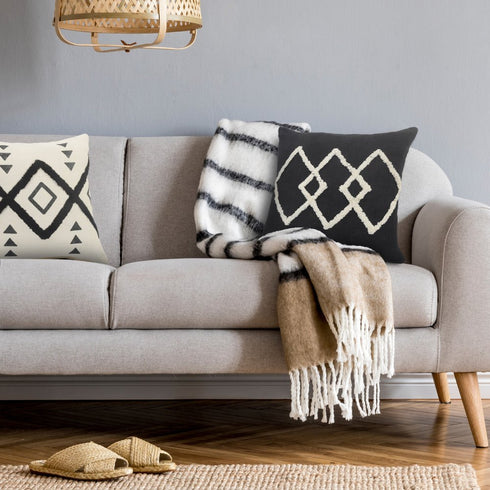 20" Tan And Black Cotton Throw Pillow Cover