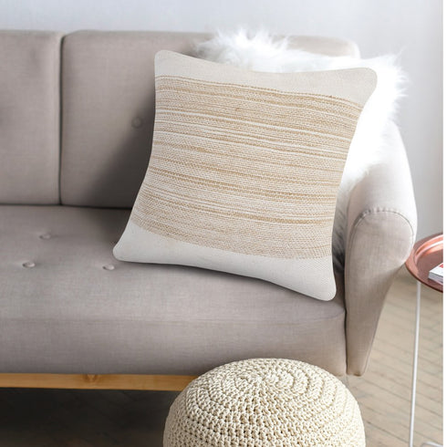 20" Beige And White Striped Cotton Blend Throw Pillow Cover