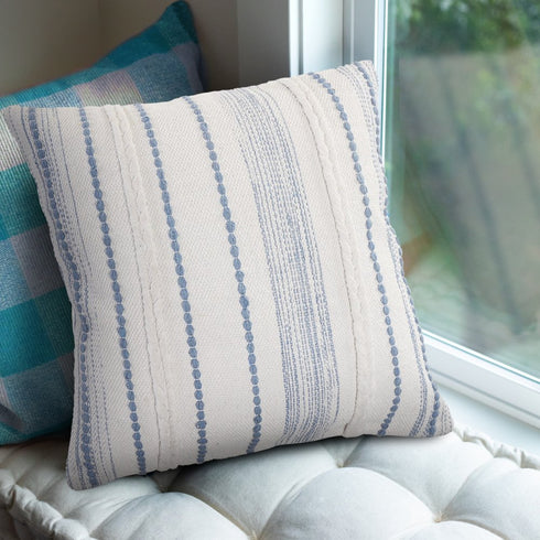 20" White And Blue Beach Striped Cotton Throw Pillow Cover