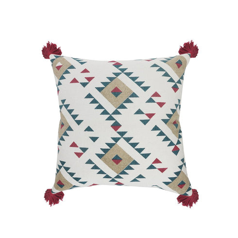 20" Off White Maroon And Teal Blue Geometric Cotton Throw Pillow Cover with Tassels