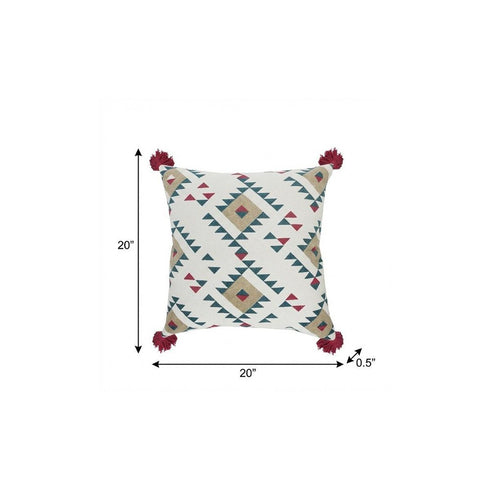 20" Off White Maroon And Teal Blue Geometric Cotton Throw Pillow Cover with Tassels