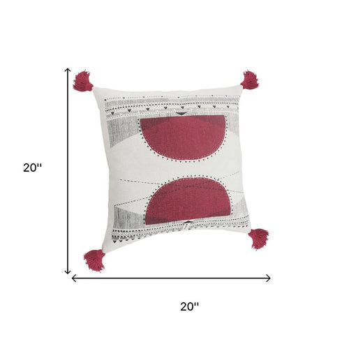 20" White And Black Geometric Cotton Throw Pillow Cover with Tassels