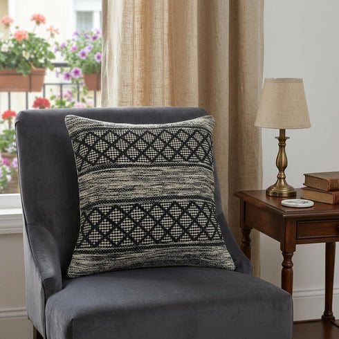 20" Black And White Diamond Cotton Blend Throw Pillow Cover with Embroidery And Texture
