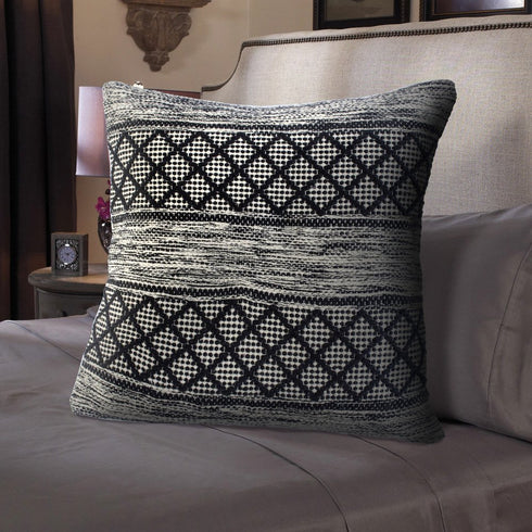 20" Black And White Diamond Cotton Blend Throw Pillow Cover with Embroidery And Texture