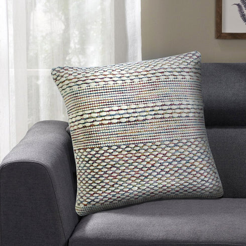 20" Cream Blue And Red Striped Cotton Blend Throw Pillow Cover
