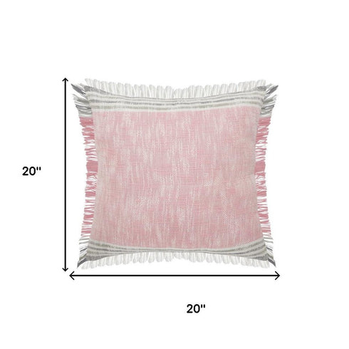 20" Pink And Gray Color Block Cotton Throw Pillow Cover with Fringe