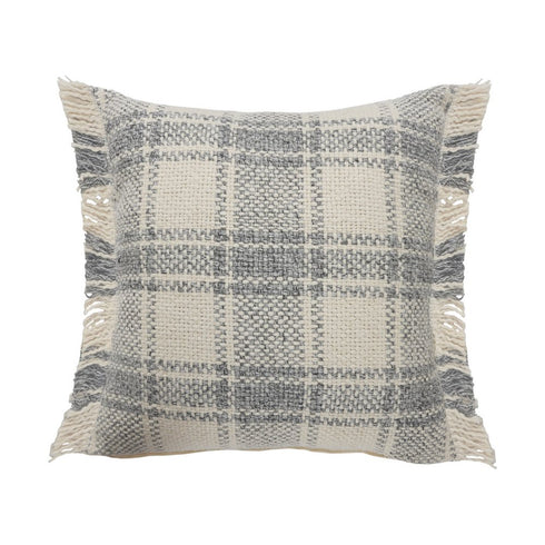 20" Gray And Ivory Plaid Cotton Blend Throw Pillow Cover with Fringe