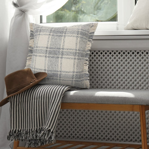 20" Gray And Ivory Plaid Cotton Blend Throw Pillow Cover with Fringe