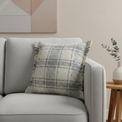20" Gray And Ivory Plaid Cotton Blend Throw Pillow Cover with Fringe